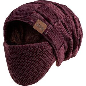 Men & Women Dark Brown Winter Warm Knit Slouchy Skull Cap with Face Cover